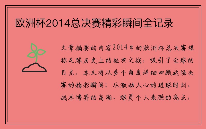 欧洲杯2014总决赛精彩瞬间全记录