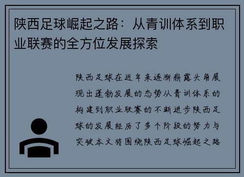 陕西足球崛起之路：从青训体系到职业联赛的全方位发展探索